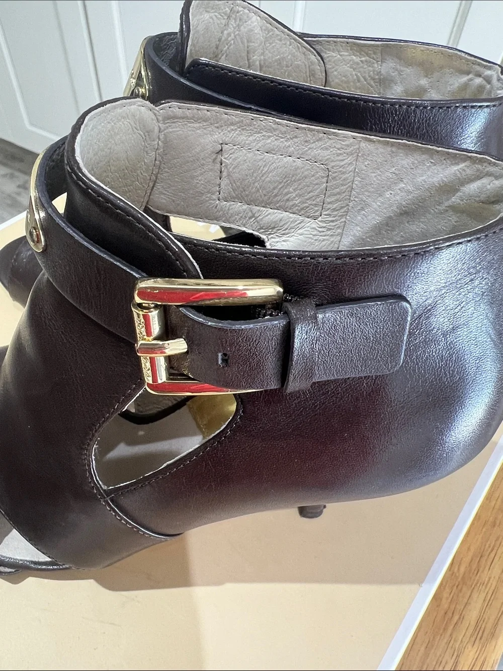 Michael Kors Dark Brown Leather Peep-Toe Cutout Heels with Gold Plaque